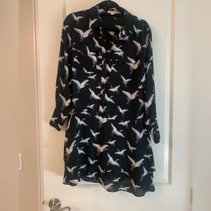 Whistles black long sleeve dress with bird print and tiered skirt